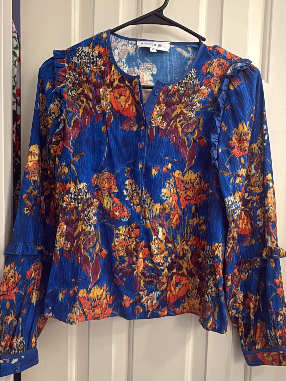 HUNTER BELL Royal Blue Multicolor Floral Ruffle Blouse